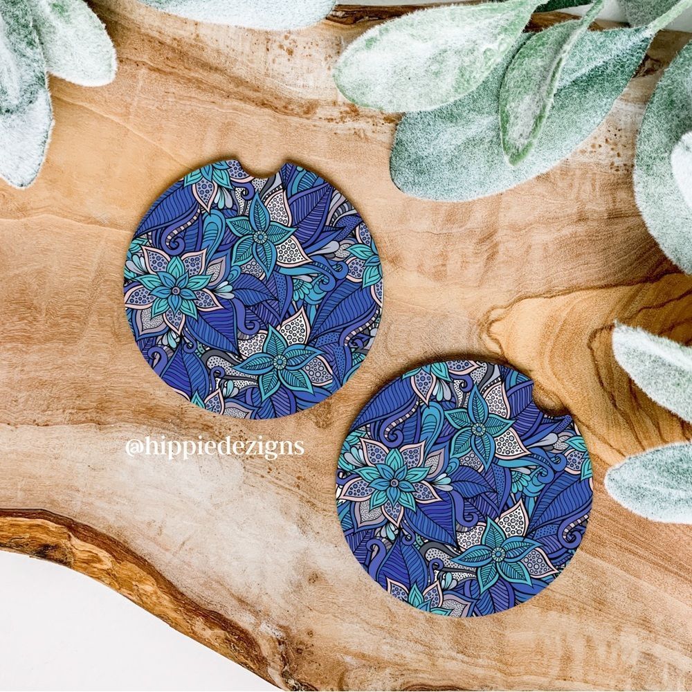 Blue Floral Car Coaster Set | Floral Coaster Set | Floral Car Accessories